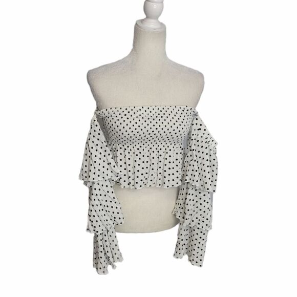 SEEK THE LABEL white polka dot retro ruffle sleeve‎ cropped top blouse M - Picture 3 of 12